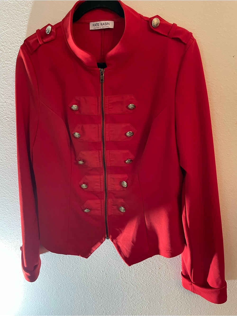 Kate Kasin Red Military-Style Zip Front Blazer